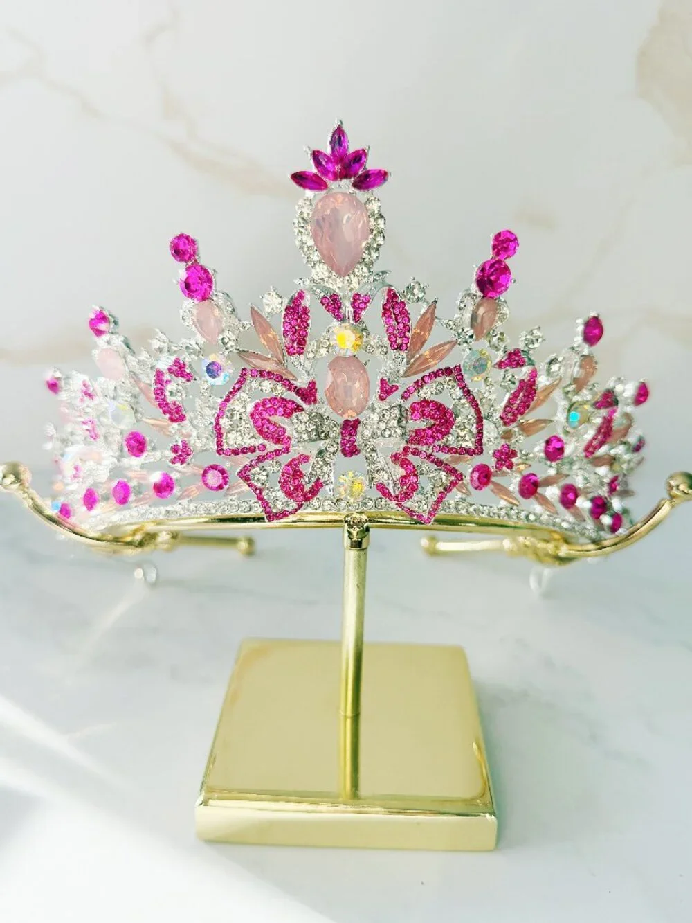 Pink Butterfly Tiara, Silver Crystal Crown for Wedding, Prom & Pageant Headpiece